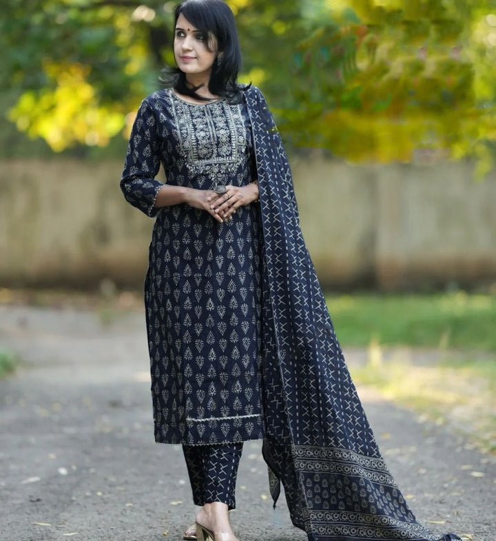 KALINI Women Ethnic Motifs Printed Regular Thread Work Kurta with Trousers & With Dupatta