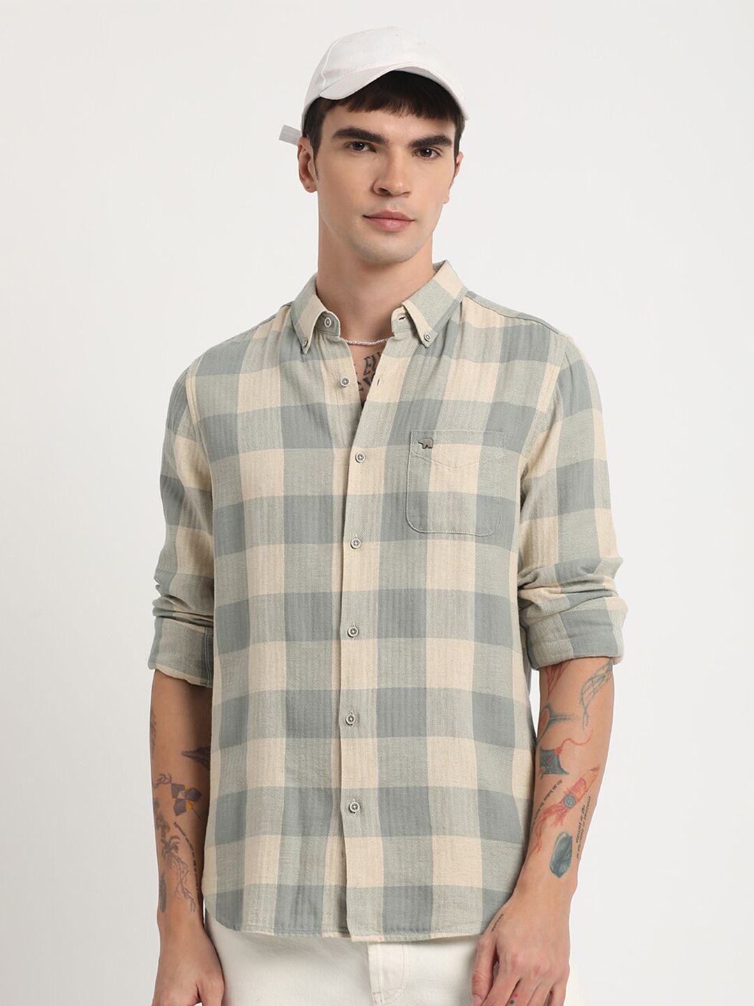 THE BEAR HOUSE Slim Fit Buffalo Checked Cotton Linen Casual Shirt