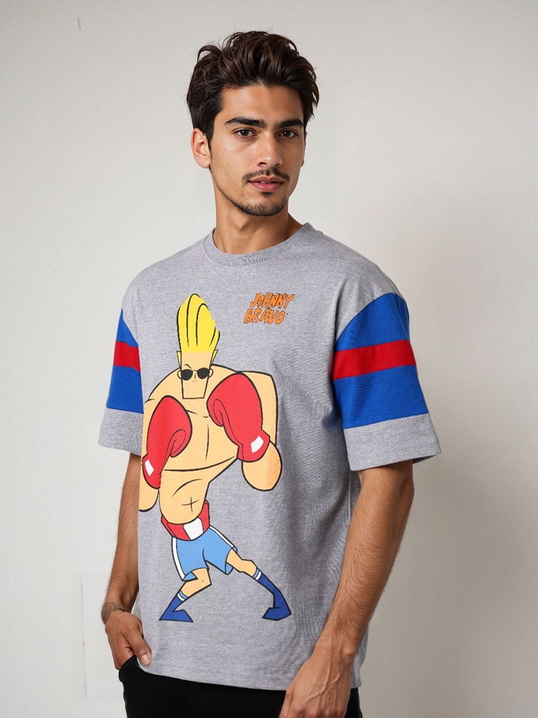The Indian Garage Co Men Johnny Bravo Graphic Printed Round Neck Cotton Oversized T-shirt