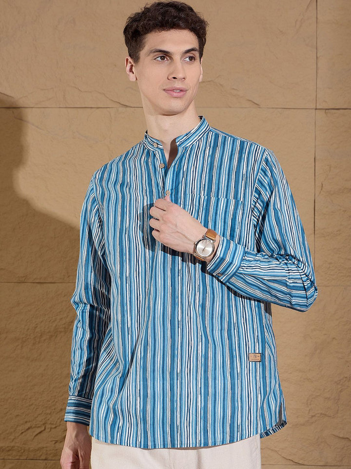 Dennison Striped Band Collar Cotton Pure Lurus Kurta Pendek