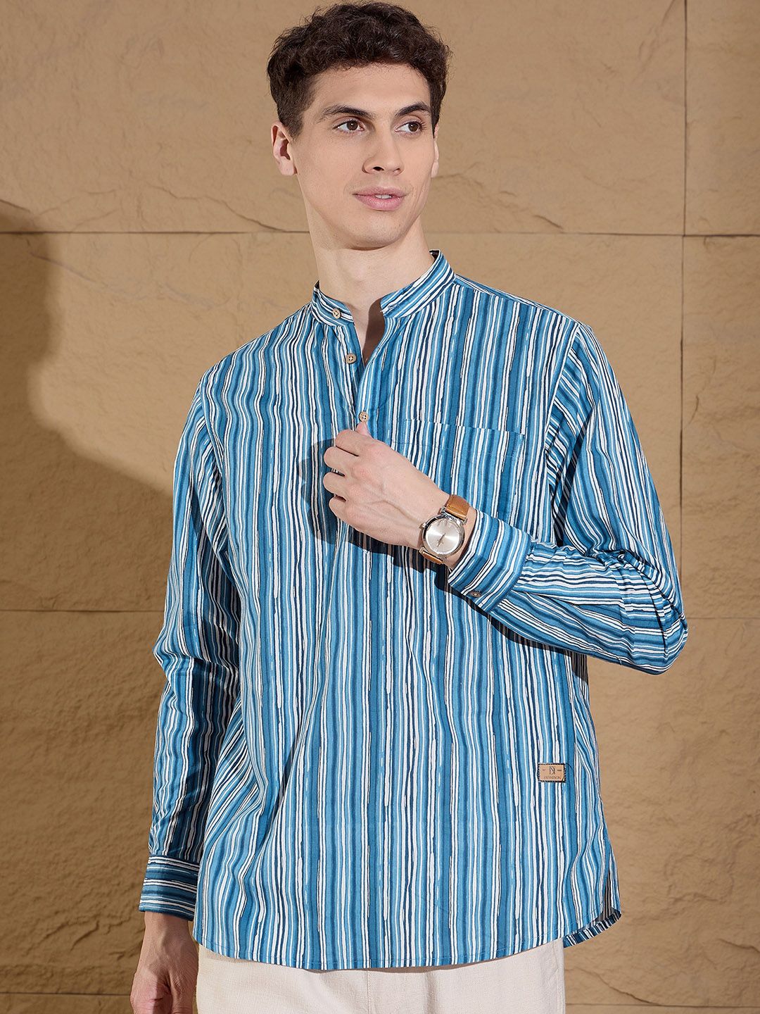 Dennison Striped Band Collar Cotton Pure Lurus Kurta Pendek