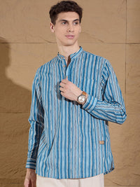 Dennison Striped Band Collar Cotton Pure Lurus Kurta Pendek