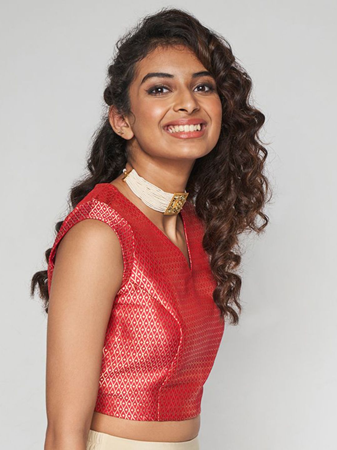 Global Desi Self Design V-Neck Sleeveless Top