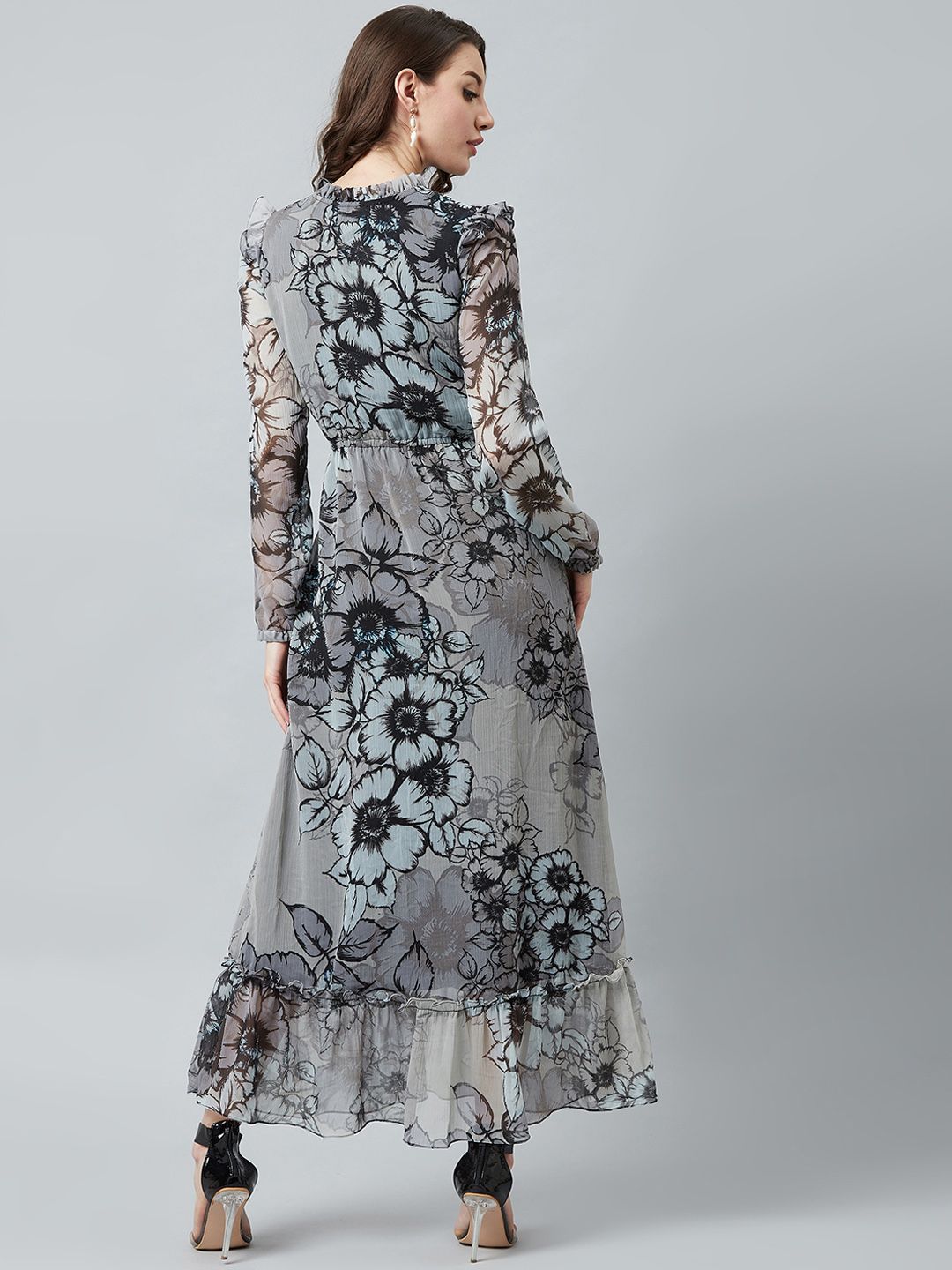 Athena Grey & Black Floral Printed Maxi Dress