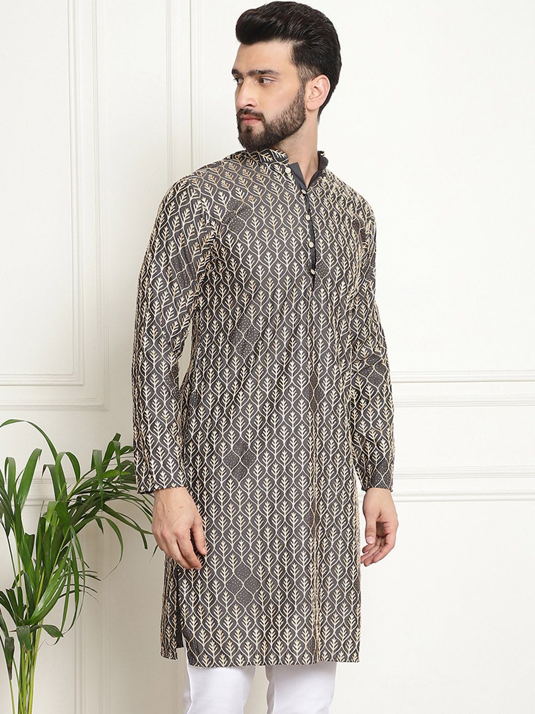 SOJANYA Kurta Katun Tulen Bersulam Geometrik Kolar Mandarin Lurus