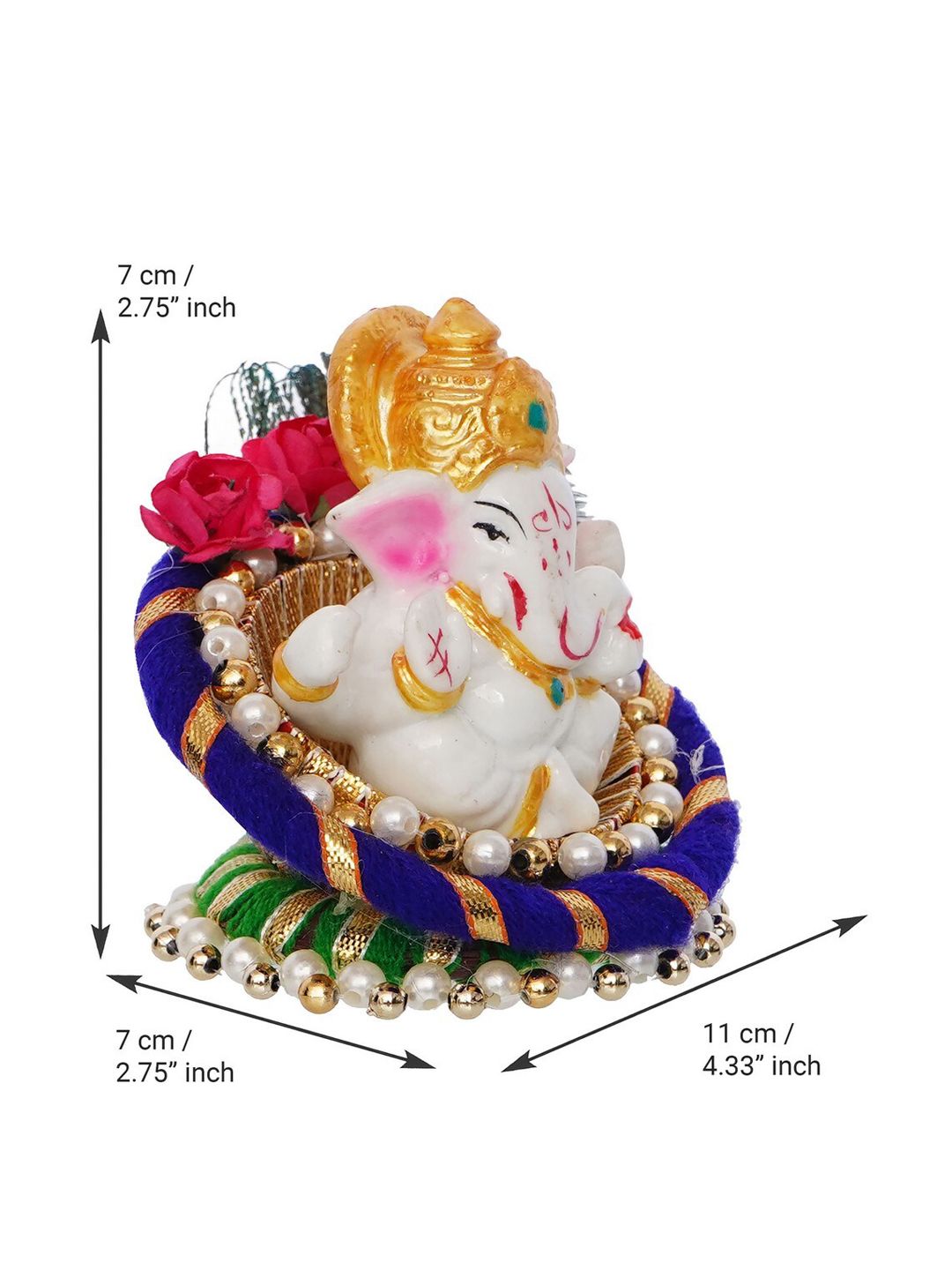 eCraftIndia Blue & White Handcrafted Lord Ganesha Idol on Floral Plate with Peacock Feather Decorative Showpiece