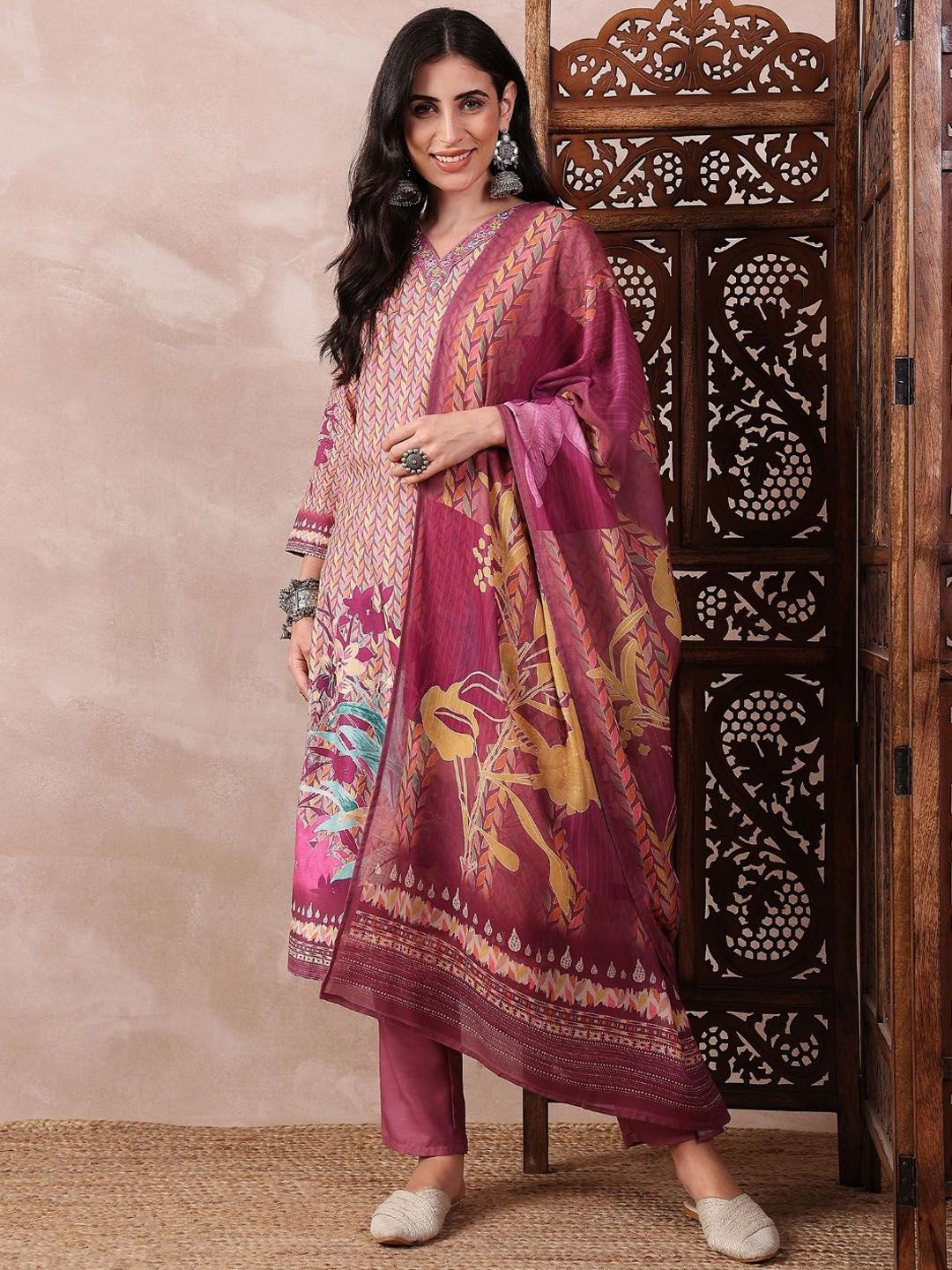 KALINI Floral Printed Straight Thread Work Kurta with Trousers & Dupatta