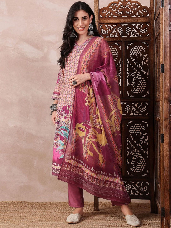 KALINI Floral Printed Straight Thread Work Kurta with Trousers & Dupatta