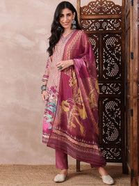 KALINI Floral Printed Straight Thread Work Kurta with Trousers & Dupatta