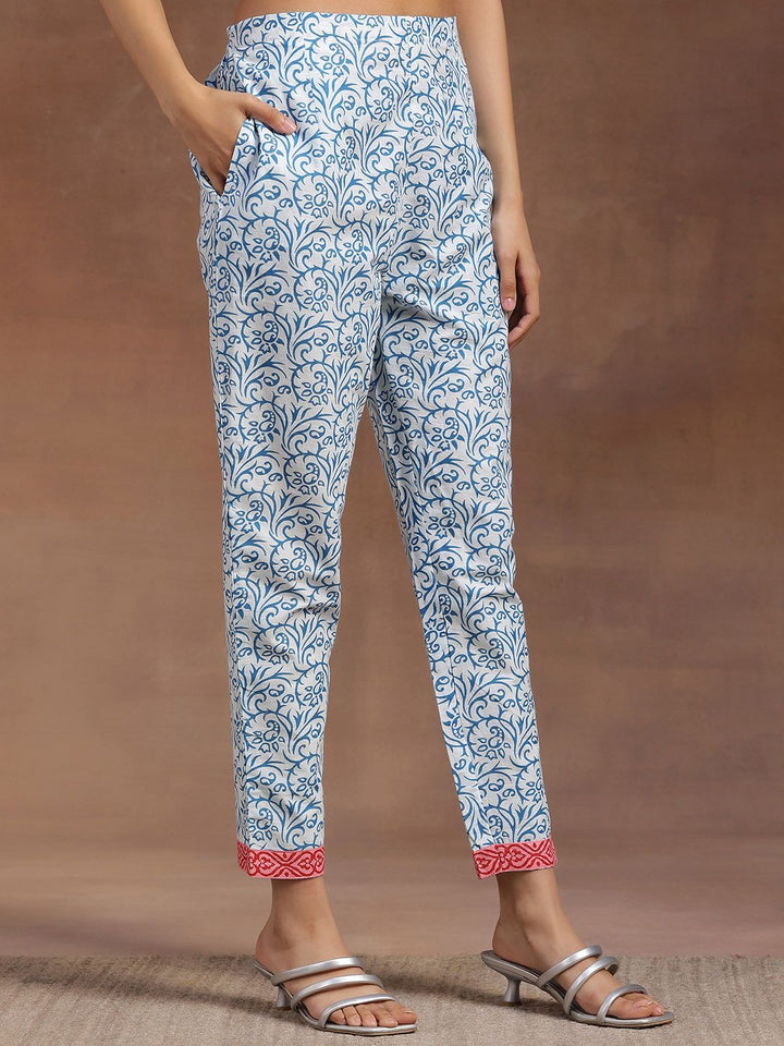 Libas Women Blue Floral Printed Pure Cotton Kurta with Trousers & With Dupatta