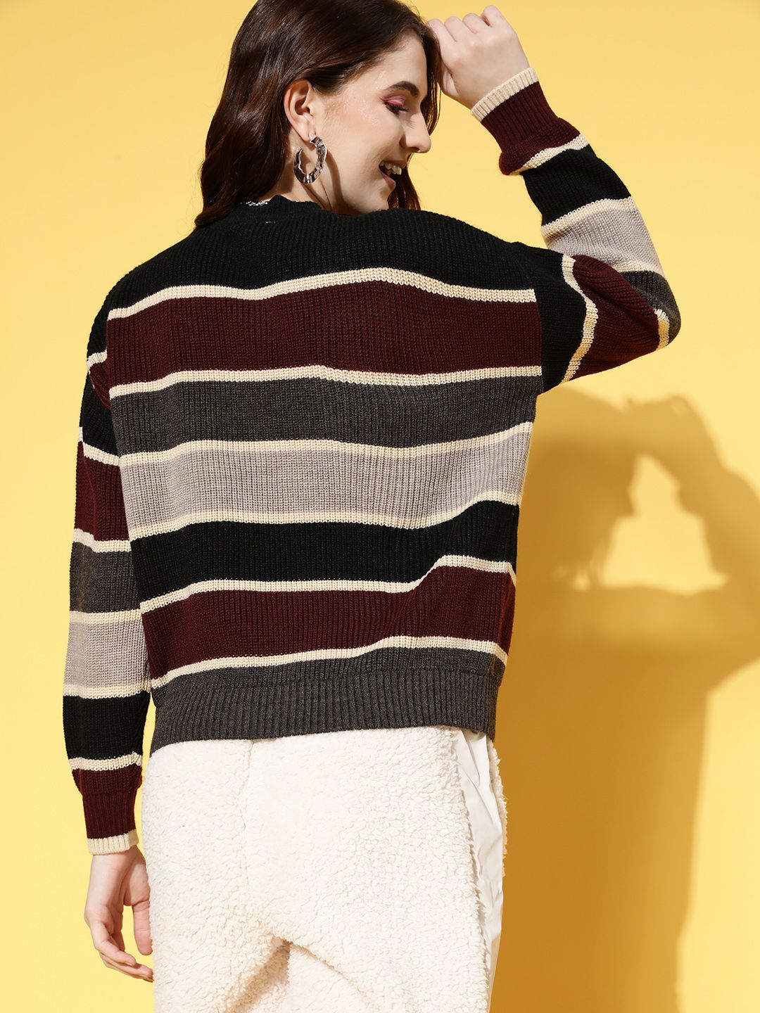 Berrylush Women Black Striped Knits Bits Sweater