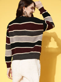 Berrylush Women Black Striped Knits Bits Sweater