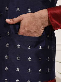 SOJANYA Men Maroon & Navy Blue Kurta with Churidar And Nehru Jacket