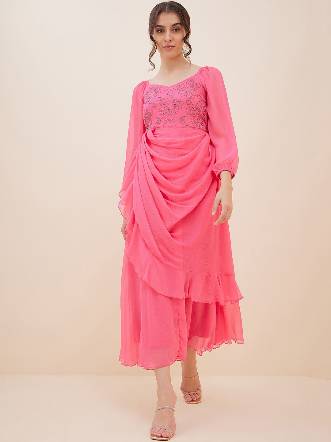 Antheaa Embellished Layered Chiffon Fit and Flare Maxi Dress