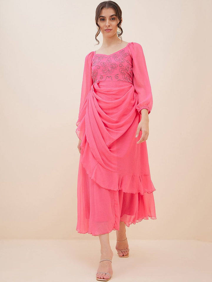 Antheaa Embellished Layered Chiffon Fit and Flare Maxi Dress