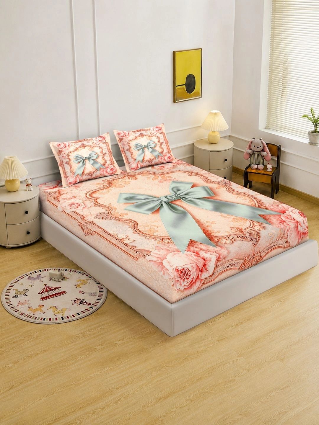 KLOTTHE Cadar King Bunga 400 TC Warna Peach dengan 2 Sarung Bantal