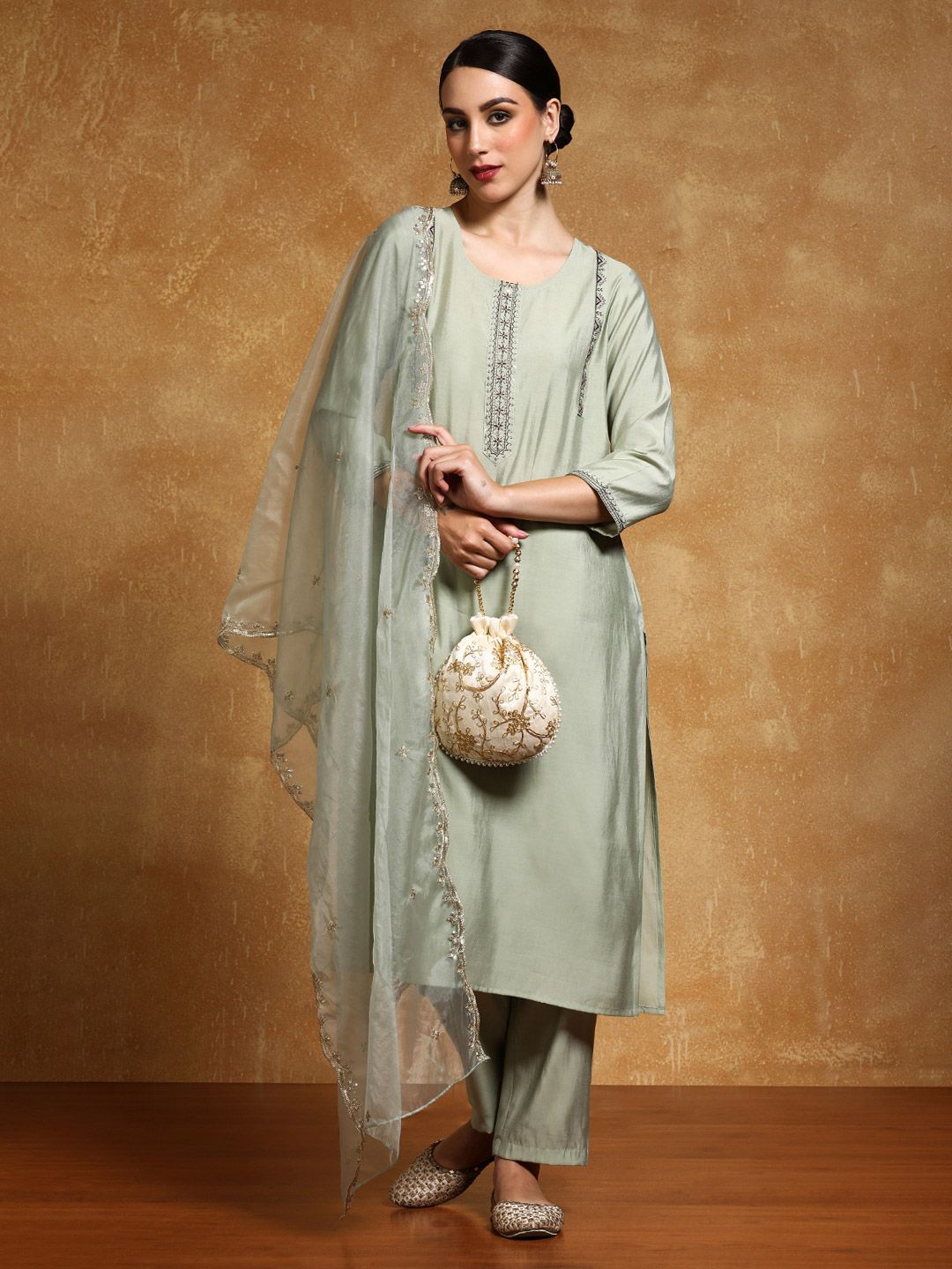 Varanga Floral Yoke Design Sequinned Straight Kurta With Trousers And Dupatta