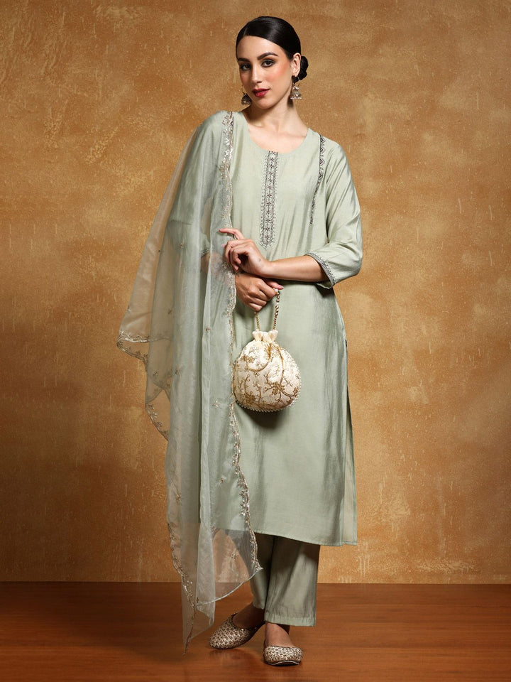 Varanga Floral Yoke Design Sequinned Straight Kurta With Trousers And Dupatta