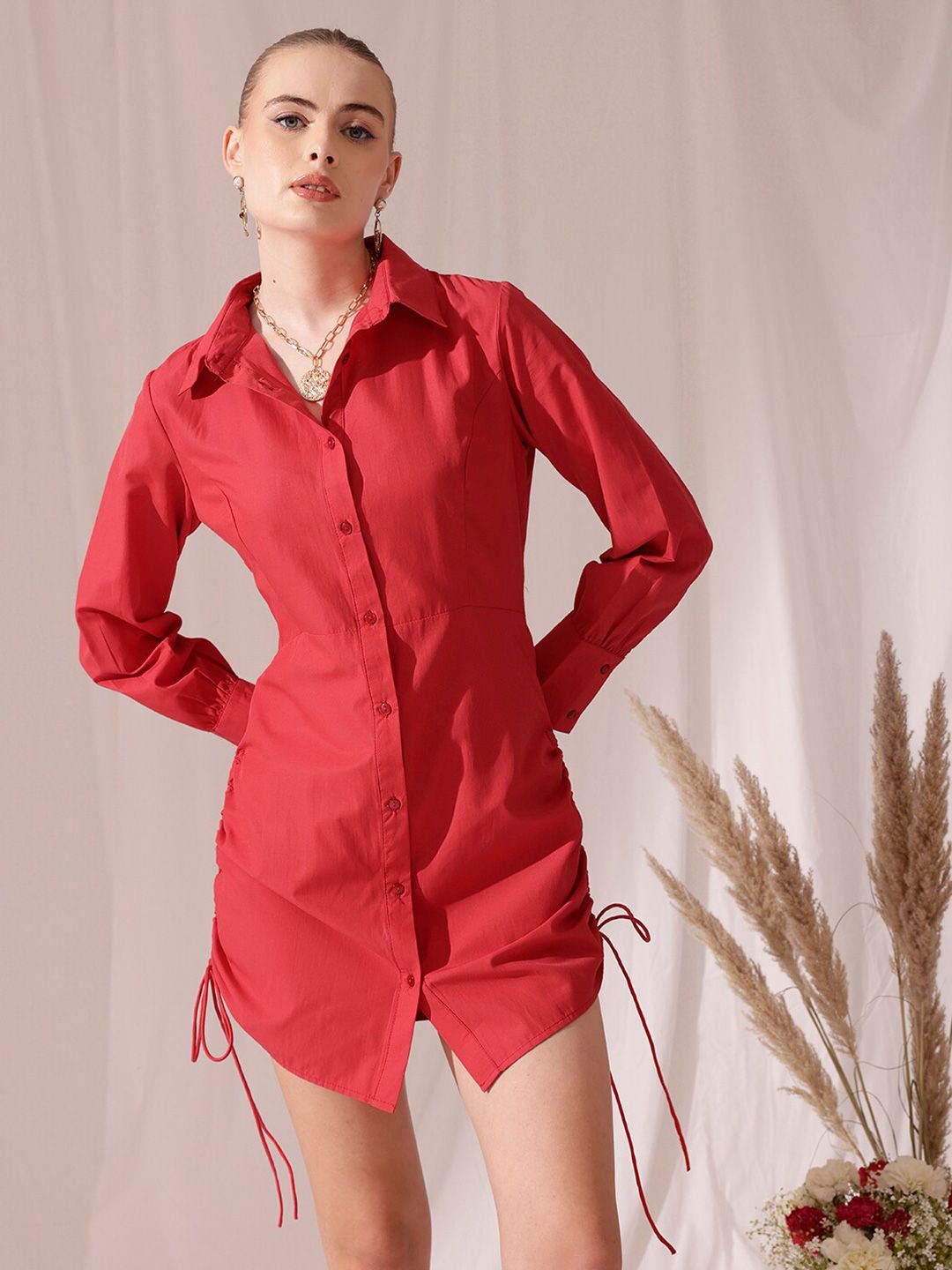 STREET 9 Spread Collar Gathered Pure Cotton Shirt Mini Dress