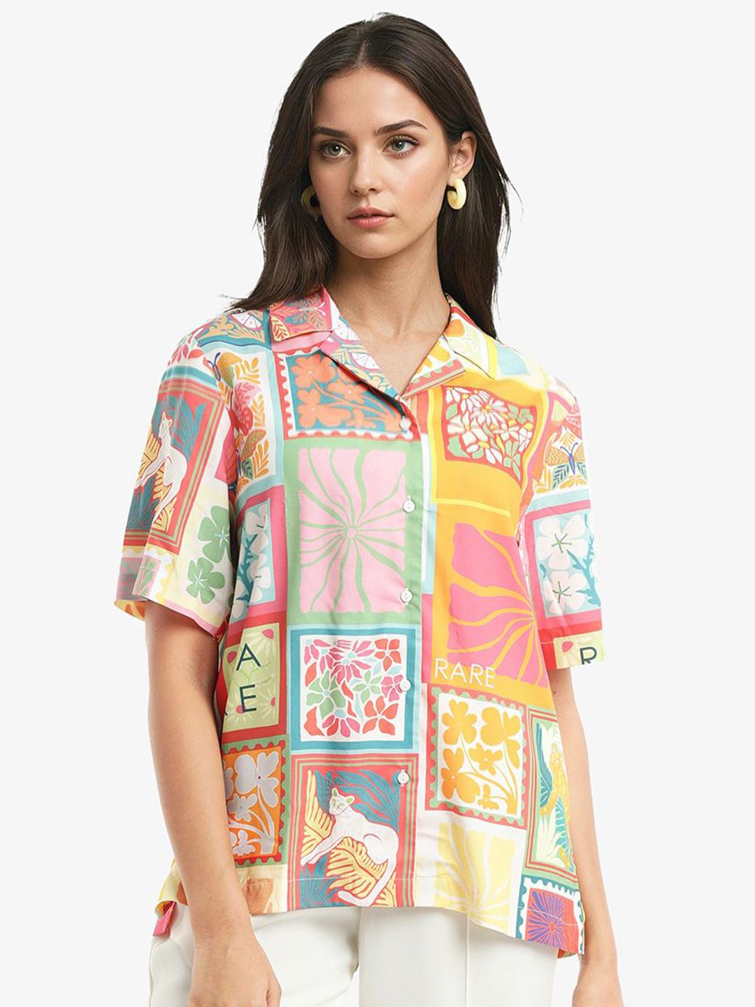 RAREISM Women Floral Printed Shirt Collar Top