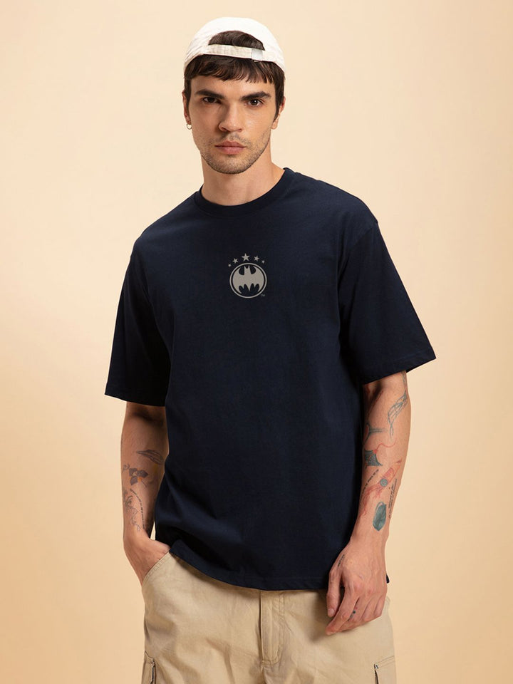 Bewakoof Navy Blue Batman Printed Drop Shoulder Sleeves Pure Cotton Oversized T-shirt