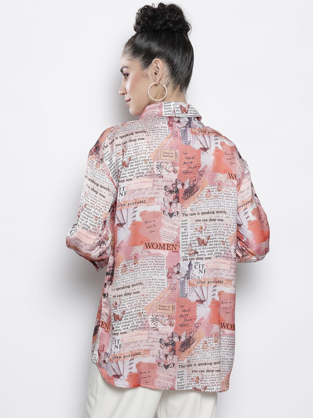 SASSAFRAS Women Beige Comfort Newspaper Printed Casual Shirt