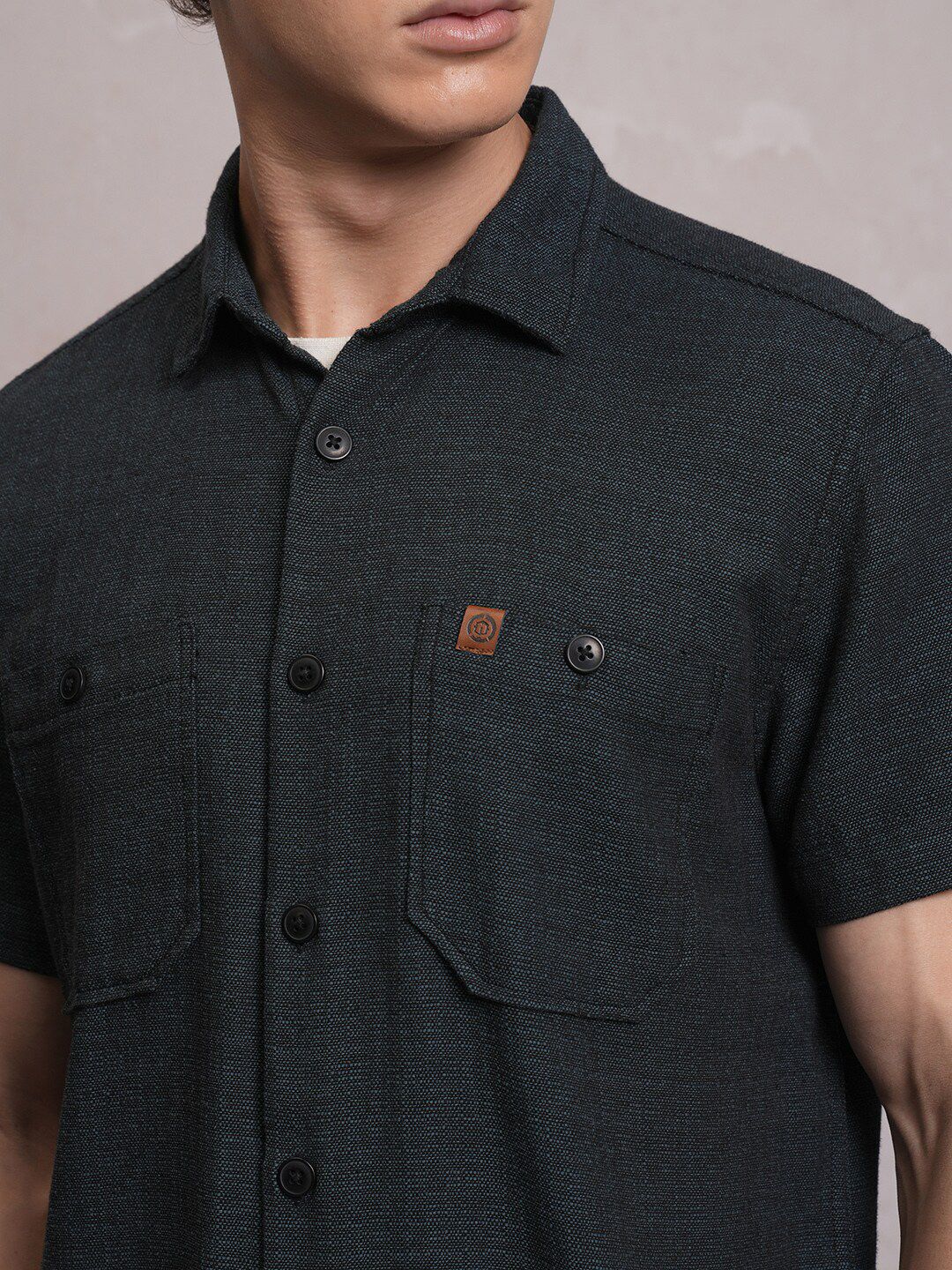 Locomotive Men Black Dobby Textured Checked Utility Pocket Regular Shirt