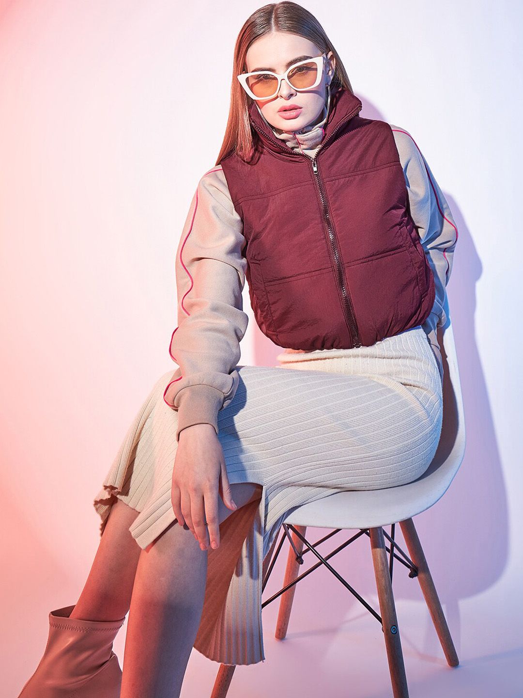 STREET 9 Maroon Stand Collar Lightweight Sleeveless Crop Puffer Jacket
