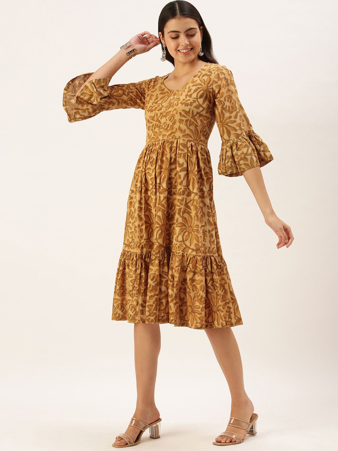 KALINI Floral Printed Bell Sleeves Cotton Fit and Flare Dress