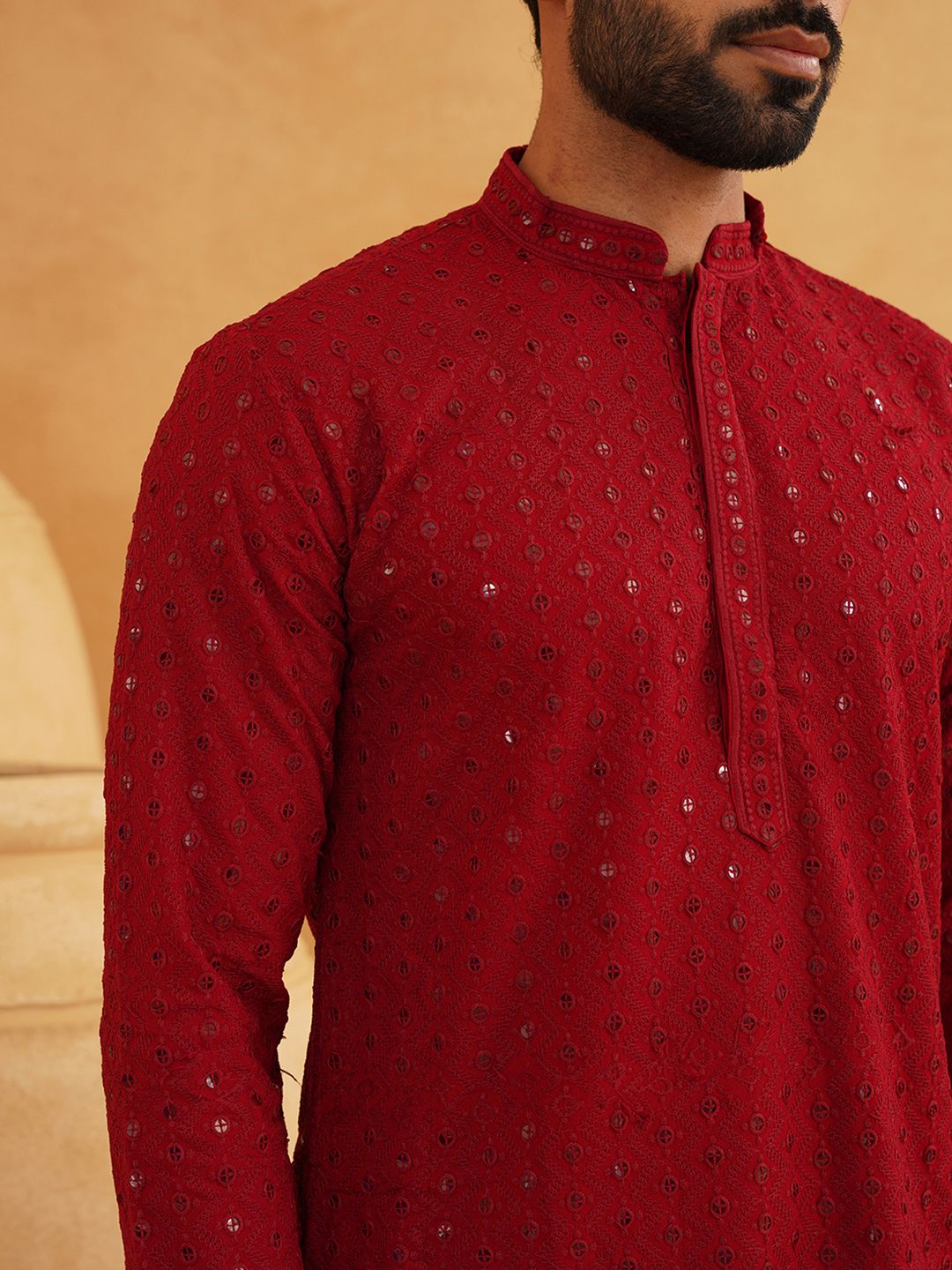SOJANYA Geometric Embroidered Mandarin Collar Long Sleeves Pure Cotton Kurta With Churidar