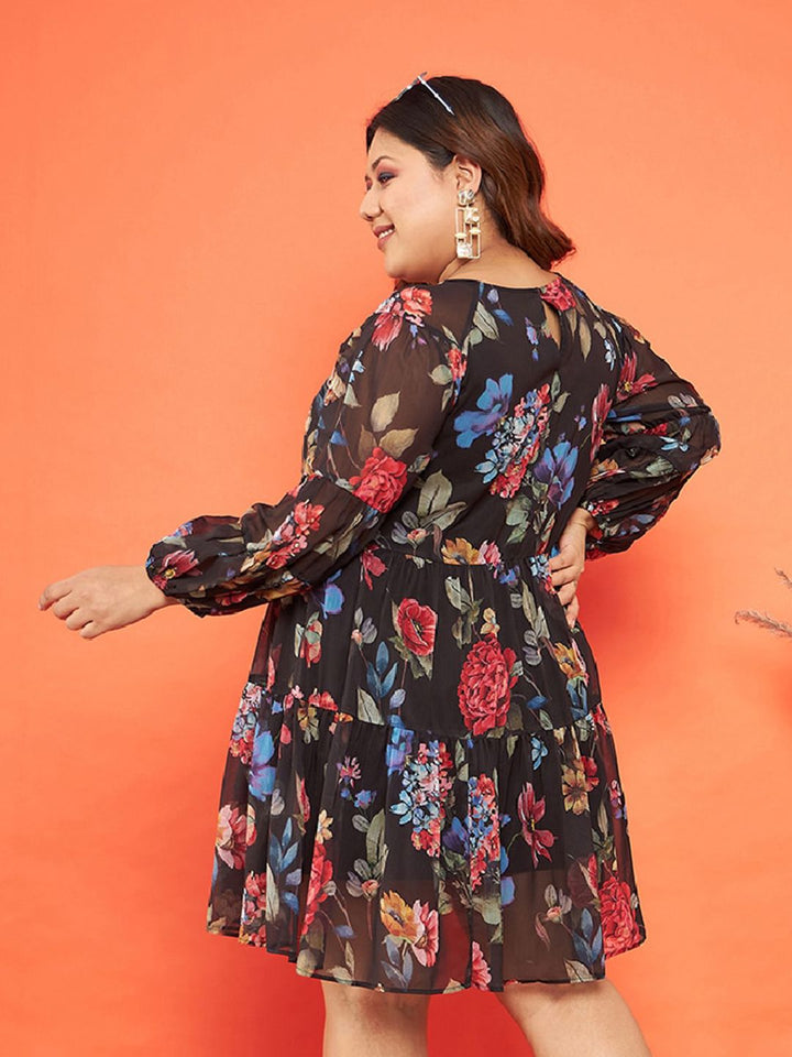 SASSAFRAS Curve Floral Printed Tiered Chiffon Dress