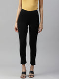 Women W Black Solid Cropped Leggings with Pintucked Hemline