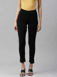Women W Black Solid Cropped Leggings with Pintucked Hemline
