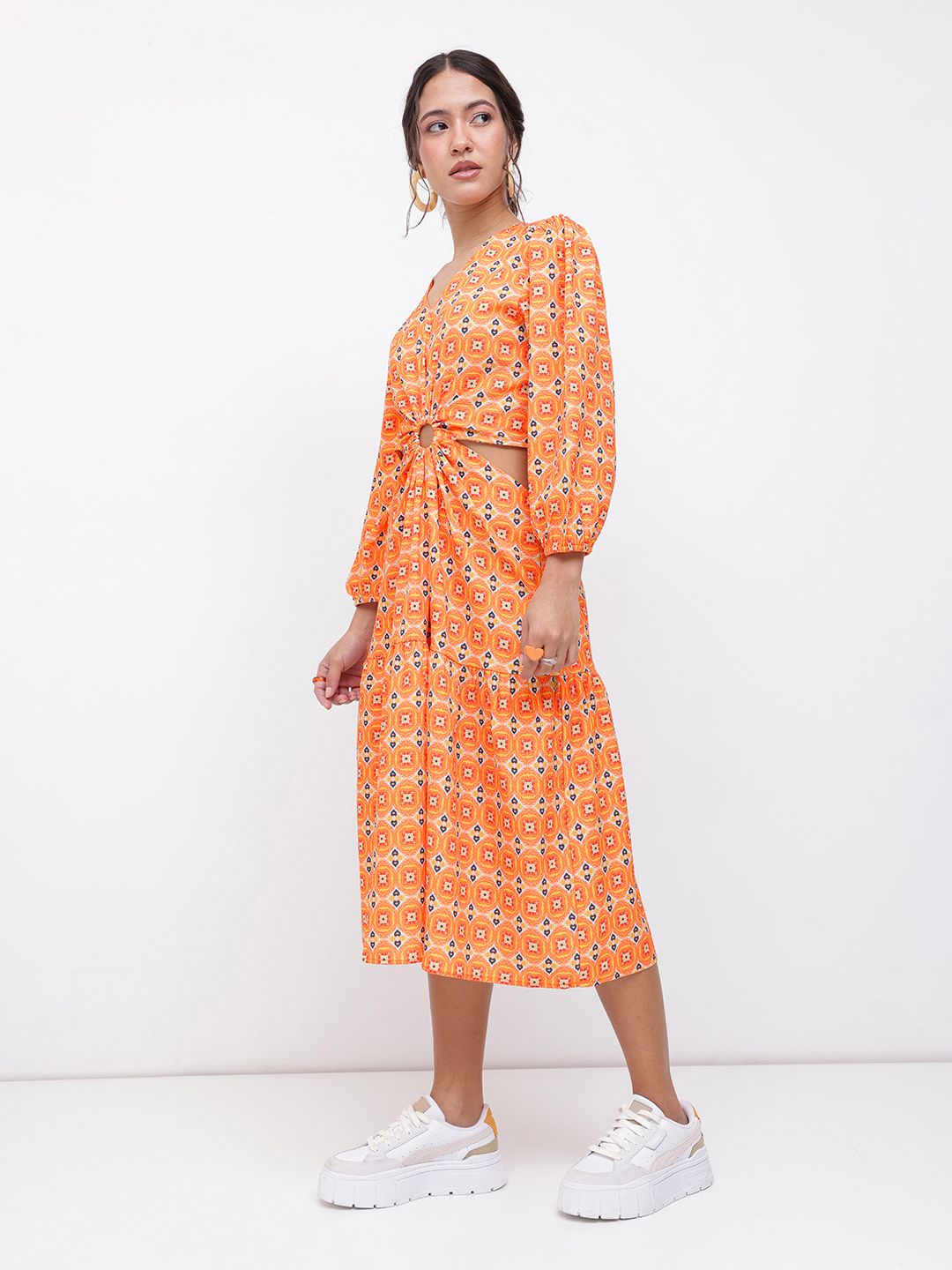 DressBerry Modern Fusion V-Neck Ethnic Print Cut-Out A-line Midi Dress