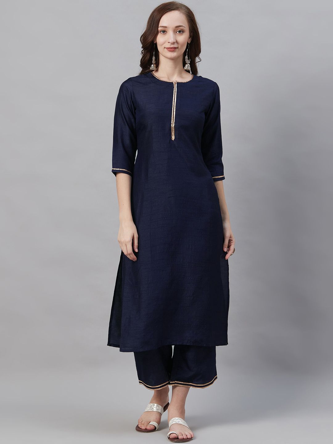 Indo Era Women Navy Blue Solid Kurta with Palazzos