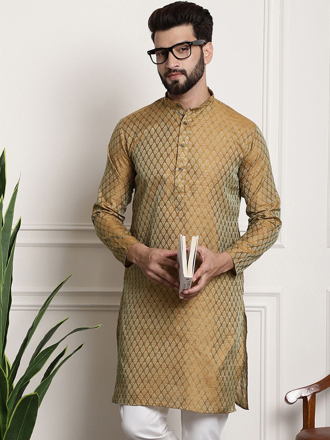 SOJANYA Ethnic Motifs Woven Design Band Collar Straight Kurta