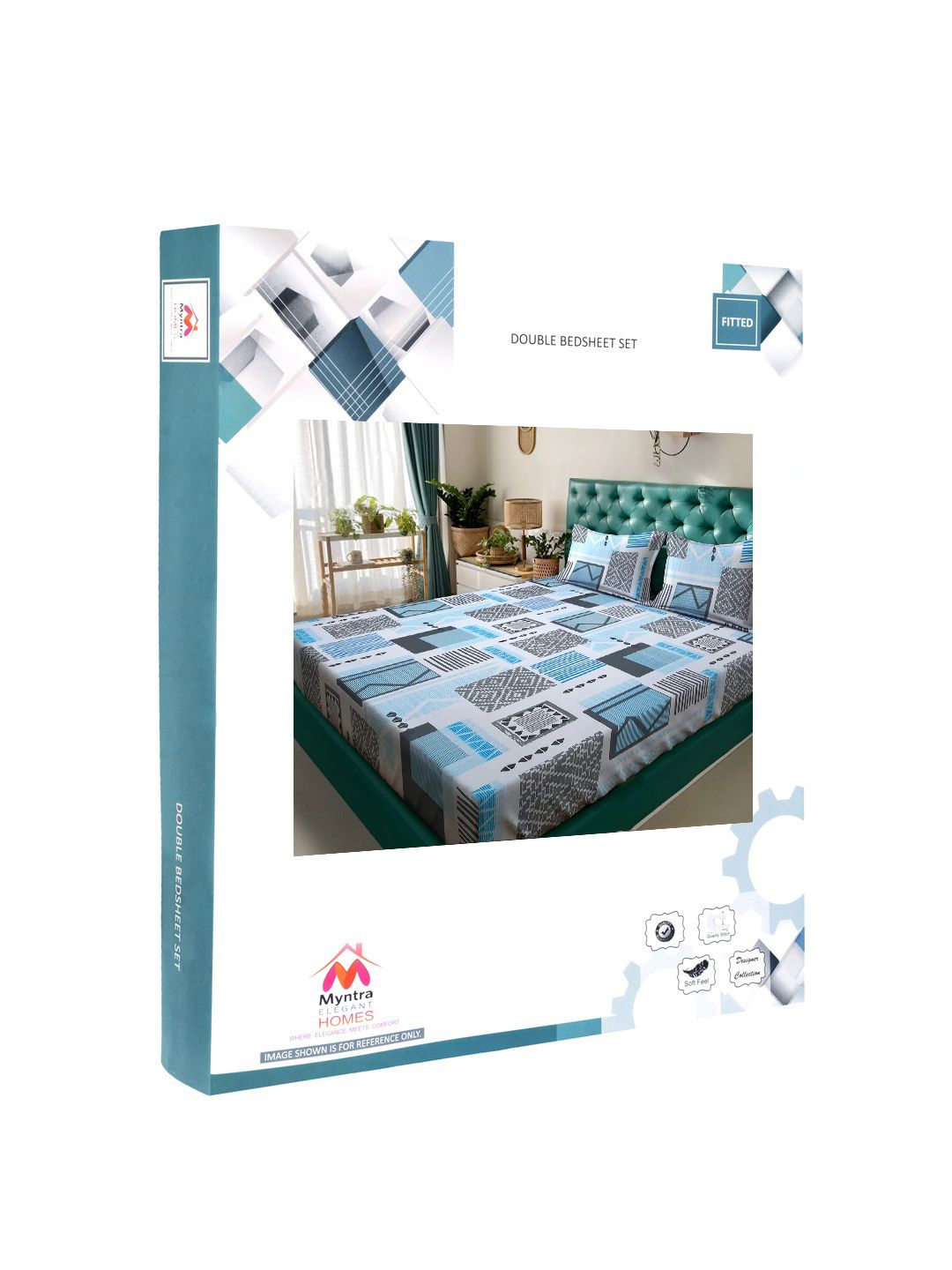 Myntra Elegant Homes Blue Geometric 400 TC King Bedsheet with 2 Pillow Covers