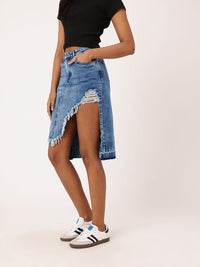 DressBerry Women Urban Edge High Rise Ripped Denim Faded Asymmetric A-Line Skirt