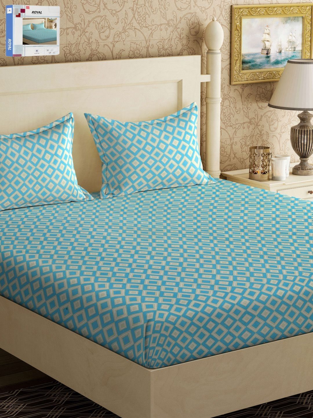 KLOTTHE Turquoise Blue Geometric Printed 300 TC Double King Bedsheet With 2 Pillow Covers