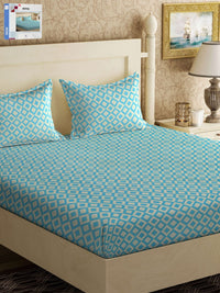 KLOTTHE Turquoise Blue Geometric Printed 300 TC Double King Bedsheet With 2 Pillow Covers