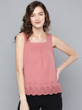 SASSAFRAS Women Dusty Pink Pure Cotton Schiffli Detail Regular Top