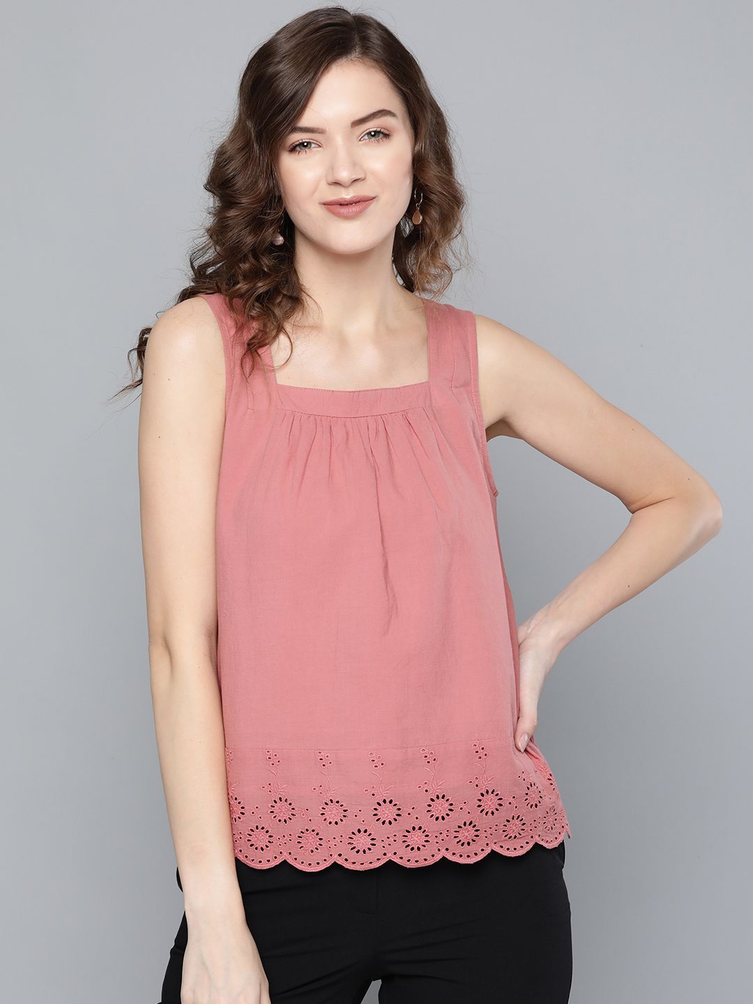 SASSAFRAS Women Dusty Pink Pure Cotton Schiffli Detail Regular Top