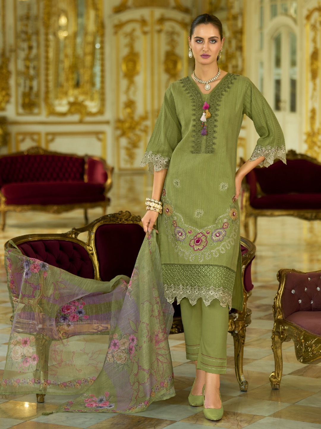 Varanga Nazrana Floral Thread Embroidered Schiffli Orangza Lace Kurta Trouser & Dupatta
