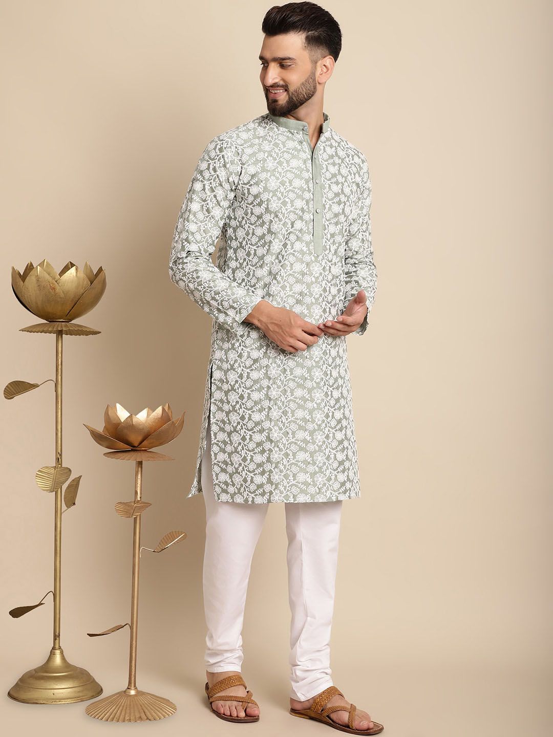 Anouk Floral Embroidered Band Collar Regular Kurta with Churidar