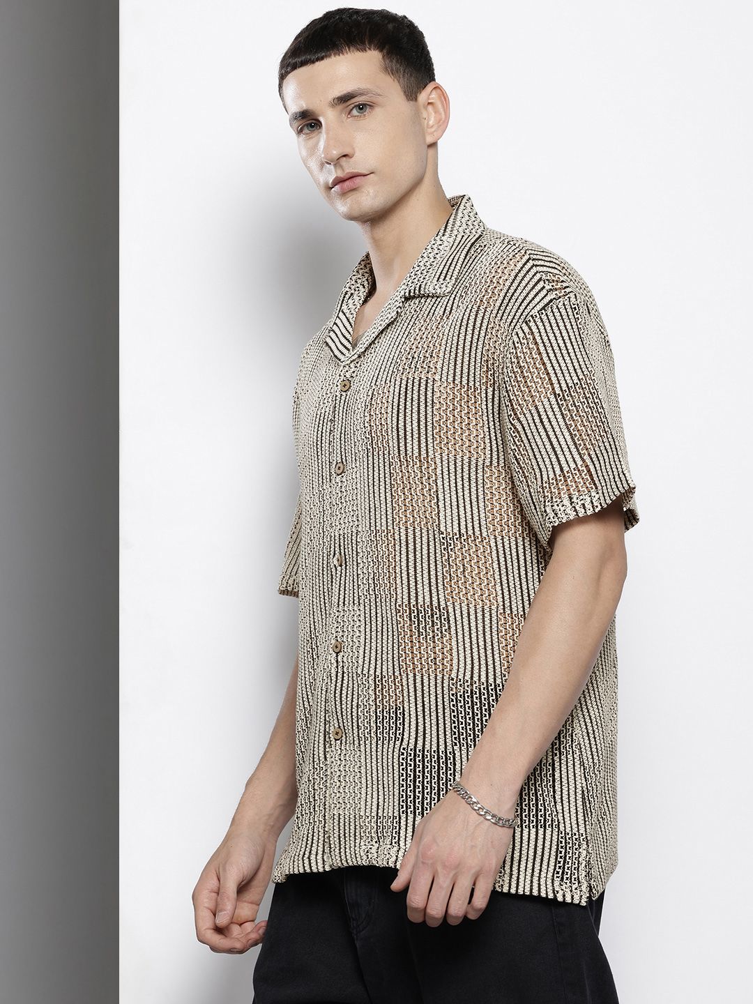 The Indian Garage Co Men Textured Open Weave Knitted Relaxed Fit Shirt