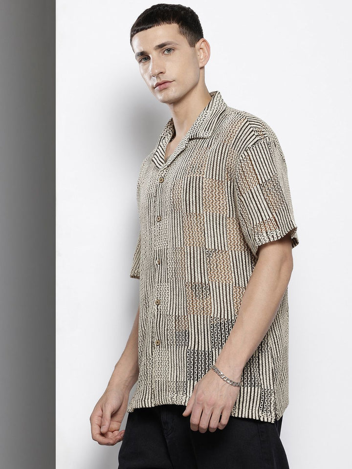 The Indian Garage Co Men Textured Open Weave Knitted Relaxed Fit Shirt