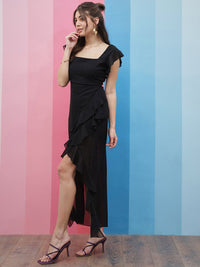 Athena Black Square Neck Flutter Sleeves Ruffled Detailed Maxi Dress