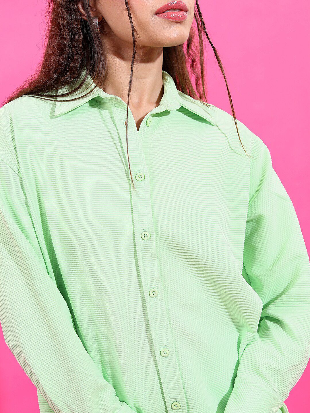 Tokyo Talkies Women Green Knitted Shirt With Shorts Set