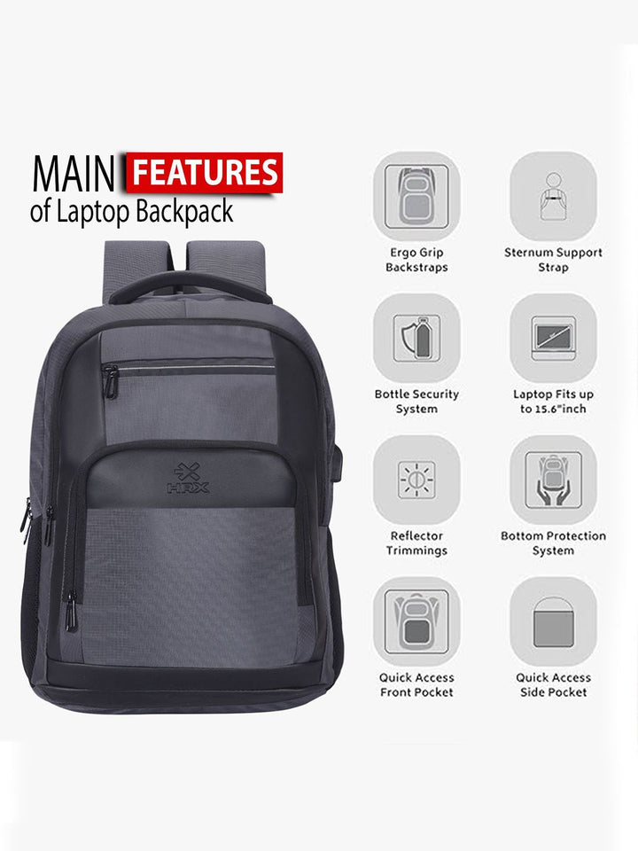 HRX by Hrithik Roshan Unisex Grey Backpack with Rain Cover & Reflective Strip