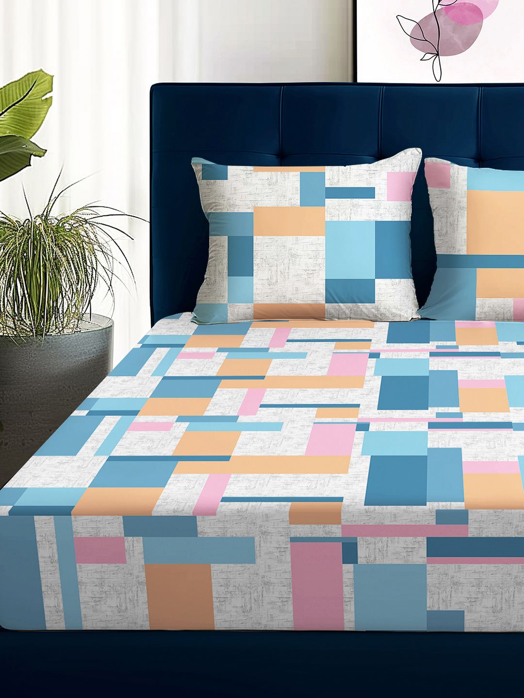 Story@home Arena Grey & White Printed 180 TC Queen Bedsheet & 2 Pillow Covers